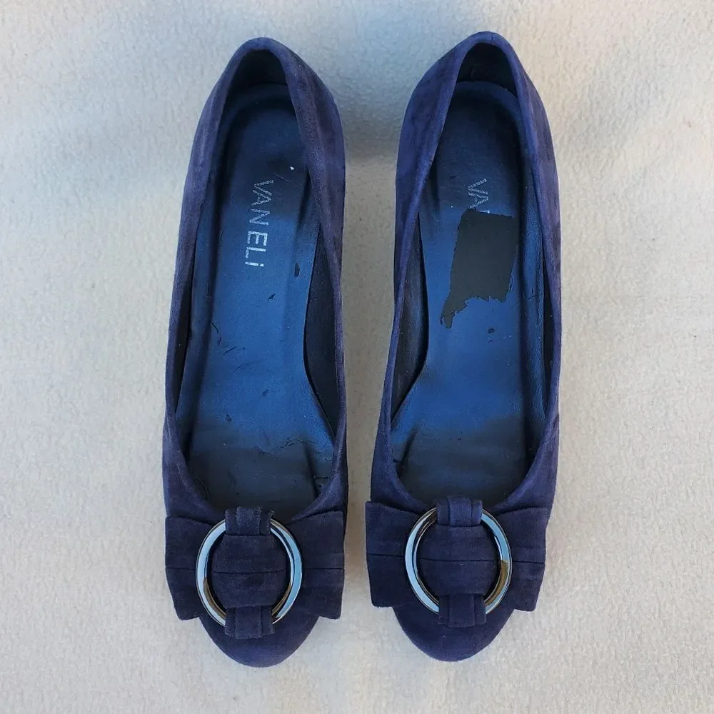 Vaneli blue suede wedges with attached ribbon buckle